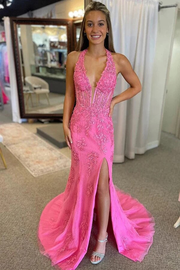Pink Tulle Mermaid V-neck Long Prom Dresses With Lace Appliques, SLP024 | mermaid prom dress | pink prom dresses | cheap long prom dress | simidress.com
