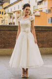 Princess A-line Cap Sleeves Tea Length Lace Appliques Wedding Dresses, SW654