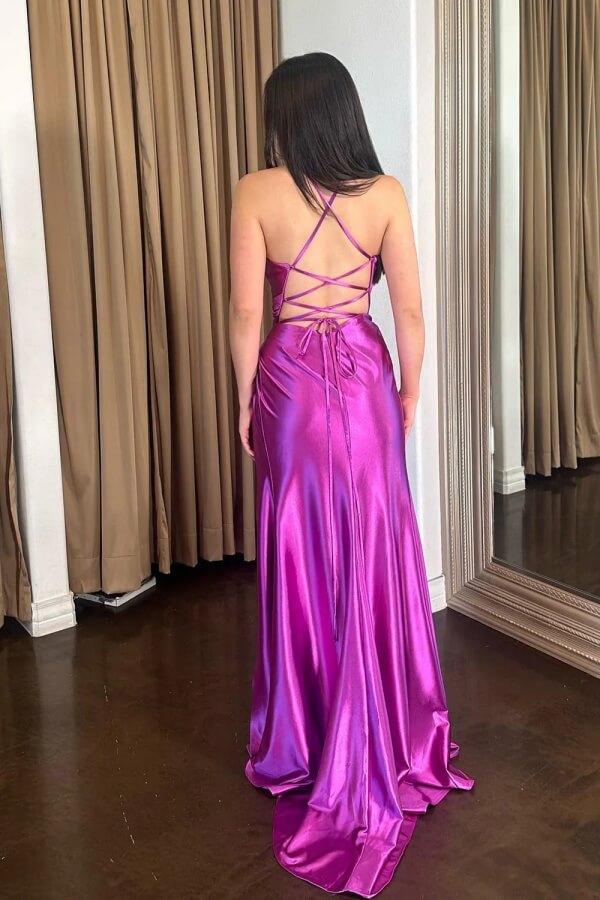 Purple Satin Mermaid Spaghetti Straps Long Prom Dresses With Side Slit, SLP040 | mermaid prom dresses | long formal dress | party dress | simidress.com