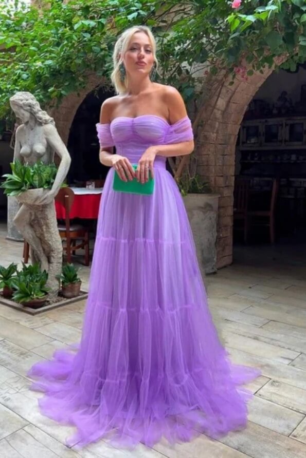 Purple Tulle A-line Strapless Off Shoulder Long Prom Dresses With Train, SLP019 image 1