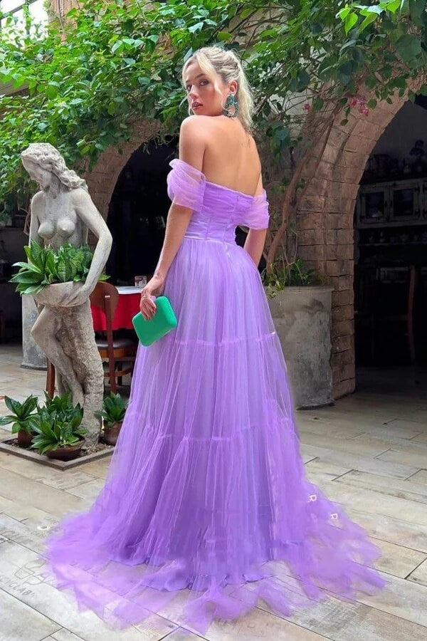 Purple Tulle A-line Strapless Off Shoulder Long Prom Dresses With Train, SLP019 image 2