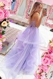 Purple Tulle A Line V Neck Beaded Floral Lace Long Prom Dresses, SLP085 | lace prom dress | senior prom dress | party dress | simidress.com