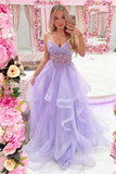 Purple Tulle A Line V Neck Beaded Floral Lace Long Prom Dresses, SLP085 | sparkly prom dress | long formal dress | prom dress shops | simidress.com