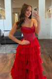 Red A Line Chiffon Beaded Strapless Lace Up Corset Prom Dresses With Slit, SLP099 | cheap long prom dress | evening dress | party dresses | simidress.com