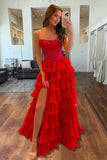 Red A Line Chiffon Beaded Strapless Lace Up Corset Prom Dresses With Slit, SLP099 | red prom dress | chiffon prom dress | new arrival prom dress | simidress.com