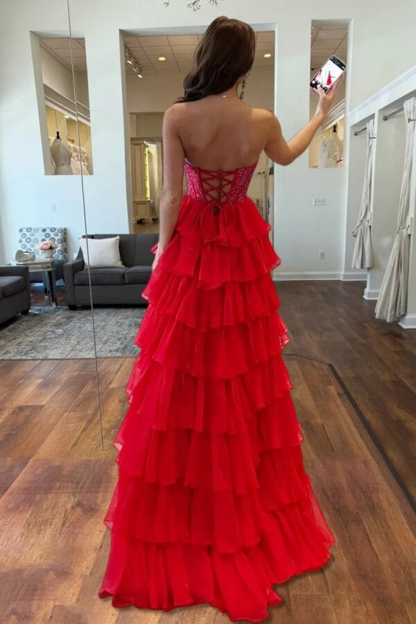 Red Chiffon Beaded Strapless Corset Prom Dresses, SLP099 | Simidress Red Chiffon Beaded Strapless Corset Prom Dresses, SLP099 | Simidress