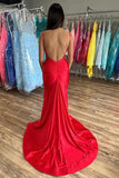 Red Mermaid V-neck Open Back Prom Dresses With Slit, Evening Dress, SP977 image 2