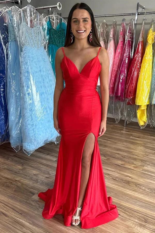Red Mermaid V-neck Open Back Prom Dresses With Slit, Evening Dress, SP977 image 1