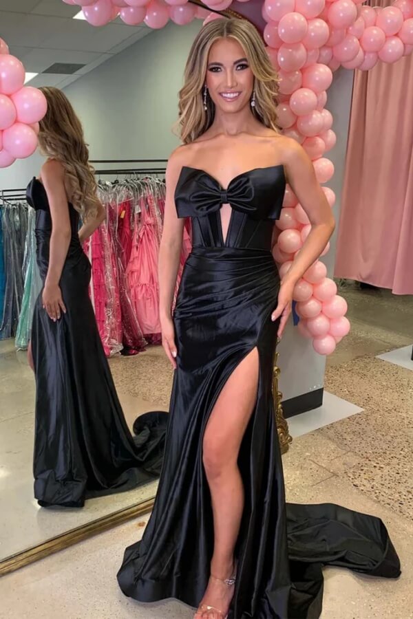 Red Satin Mermaid Strapless Prom Dresses With Slit, Long Formal Dress, SLP080 | cheap prom dresses | party dress | black prom dress | senior prom dress | simidress.com