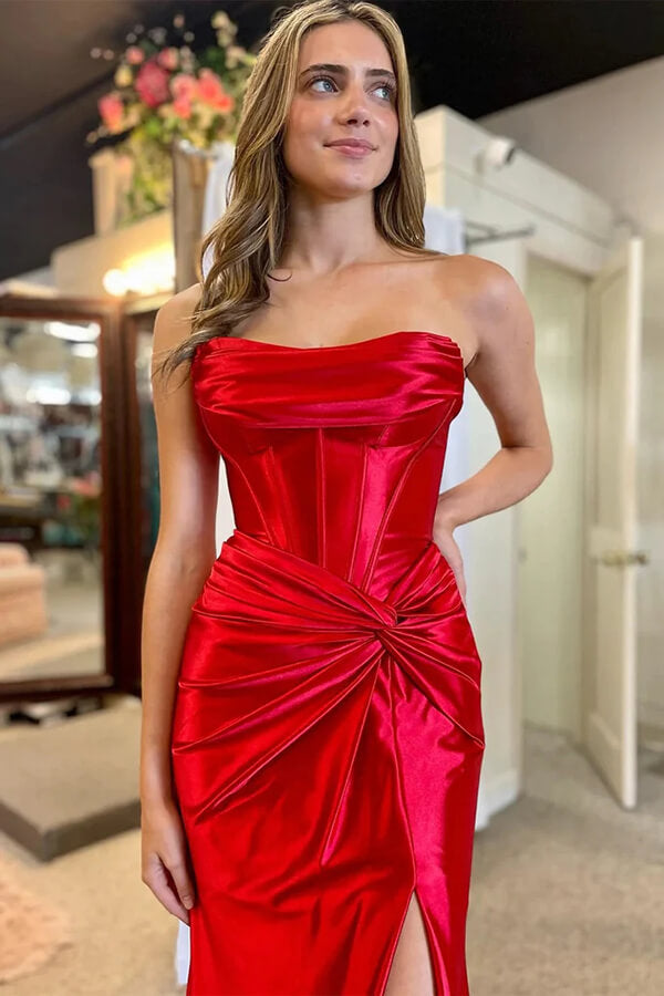 Red Satin Mermaid Strapless Ruched Prom Dress With Slit, Party Dress, SLP002 | simple prom dress | mermaid prom dress | new arrival prom dress | simidress.com