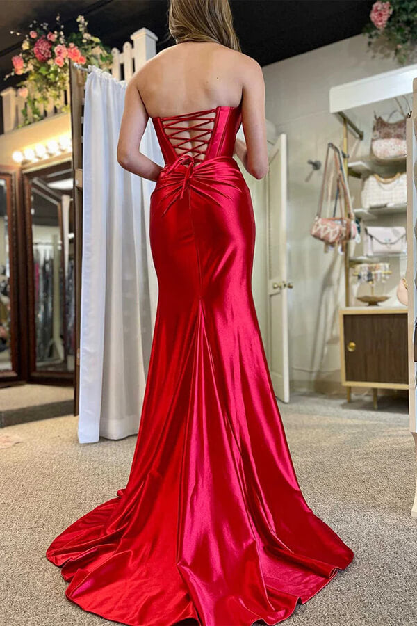 Red Satin Mermaid Strapless Ruched Prom Dress With Slit, Party Dress, SLP002 | cheap prom dress | evening gown | prom dresses online | simidress.com