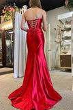 Red Satin Mermaid Strapless Ruched Prom Dress With Slit, Party Dress, SLP002 | cheap prom dress | evening gown | prom dresses online | simidress.com