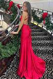 Red Satin Mermaid V Neck Backless Long Prom Dresses, Evening Dresses, SLP010 | backless prom dress | long formal dress | party dresses | simidress.com