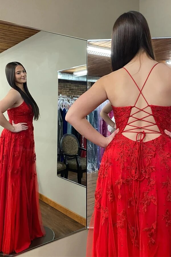 Red Tulle A-line Lace Appliques Prom Dresses With Slit, Evening Dress, SP996 | cheap prom dress | long formal dress | prom dresses for girls | simidress.com