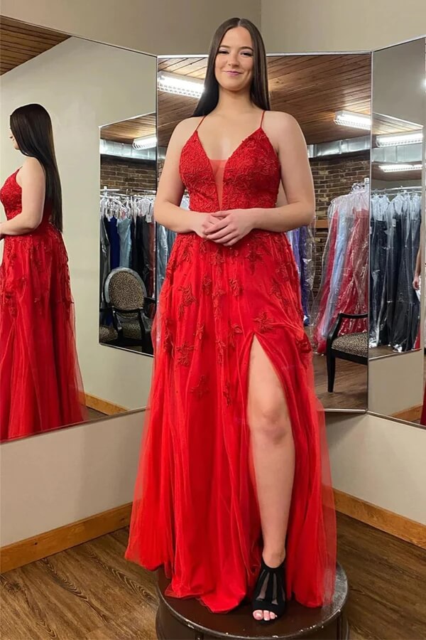 Red Tulle A-line Lace Appliques Prom Dresses With Slit, Evening Dress, SP996 | red prom dresses | long prom dresses | lace prom dress | simidress.com