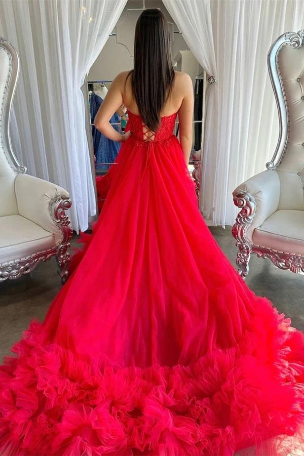Red Tulle A-line Sweetheart Neck Corset Prom Dresses With Ruffles, SP999 | long formal dresses | evening gown | prom dresses online | simidress.com