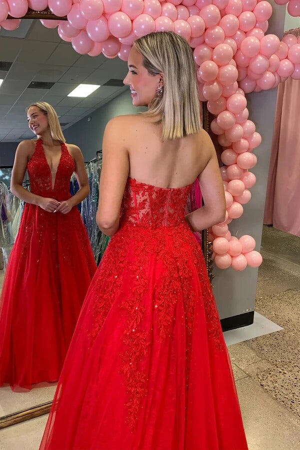 Red Tulle A Line Plunging V-neck Beaded Lace Appliques Prom Dresses, SLP078 | new arrival prom dress | a line prom dress | prom dress shops | simidress.com
