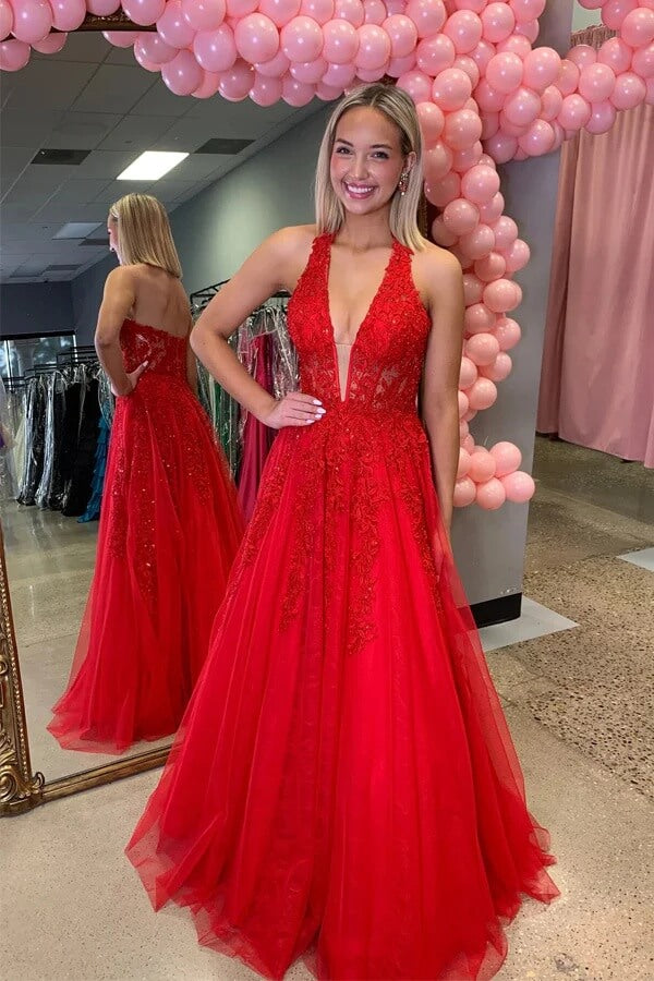 Red Tulle A Line Plunging V-neck Beaded Lace Appliques Prom Dresses, SLP078 | red prom dress | cheap prom dress | lace prom dress | simidress.com