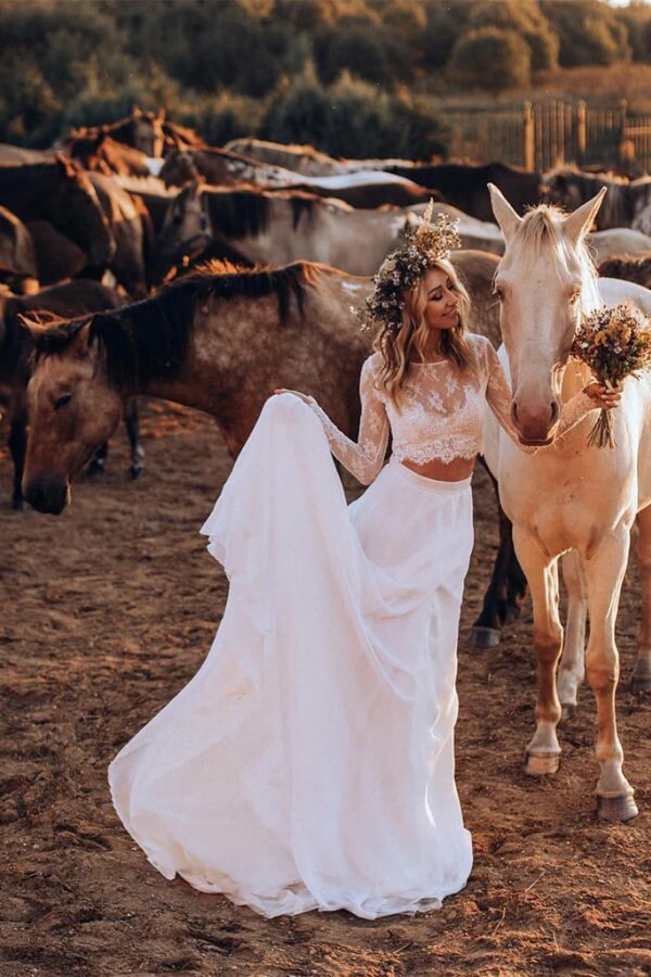 Romantic Chiffon A-line Two Pieces Long Sleeves Wedding Dresses, SW684 image 1