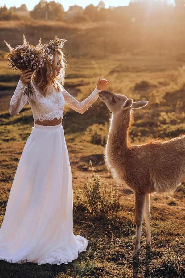 Romantic Chiffon A-line Two Pieces Long Sleeves Wedding Dresses, SW684 image 2