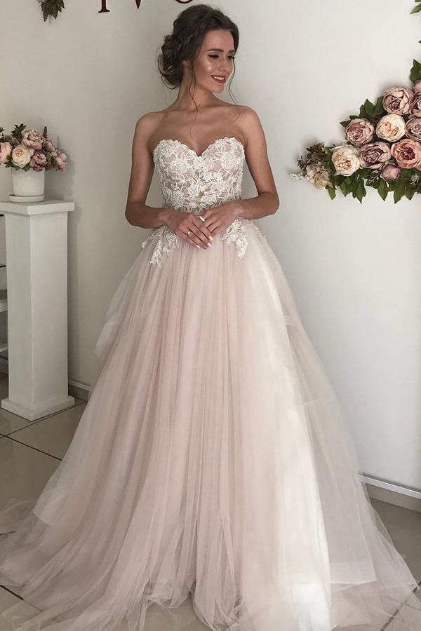 Romantic Tulle A-line Sweetheart Lace Bridal Gown, Boho Wedding Dress, SW622 | blush wedding dress | lace wedding dresses | cheap wedding dresses online | simidress.com