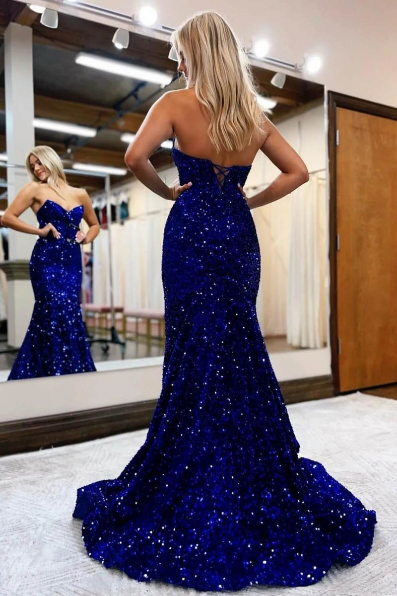 Royal Blue Mermaid Sequins Sweetheart Strapless Long Prom Dresses, SLP030 image 2