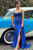 Royal Blue Mermaid Spaghetti Straps Corset Long Prom Dresses With Slit, SLP114 image 1