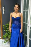 Royal Blue Mermaid Spaghetti Straps Corset Long Prom Dresses With Slit, SLP114 image 2