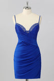Royal Blue Satin Beaded V Neck Short Homecoming Dress, Short Party Dresses, SH660 | school event dress | graduation dresses | homecoming dress stores near me | simidress.com