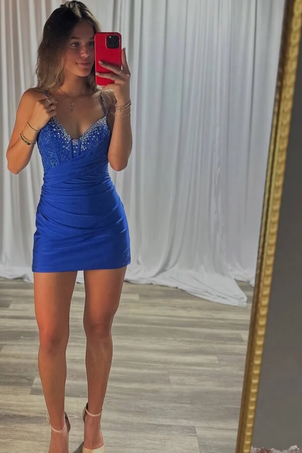 Royal Blue Satin Beaded V Neck Short Homecoming Dress, Short Party Dresses, SH660 | homecoming dresses blue | cheap homecoming dresses online | simple homecoming dress | simidress.com