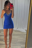 Royal Blue Satin Beaded V Neck Short Homecoming Dress, Short Party Dresses, SH660 | homecoming dresses blue | cheap homecoming dresses online | simple homecoming dress | simidress.com