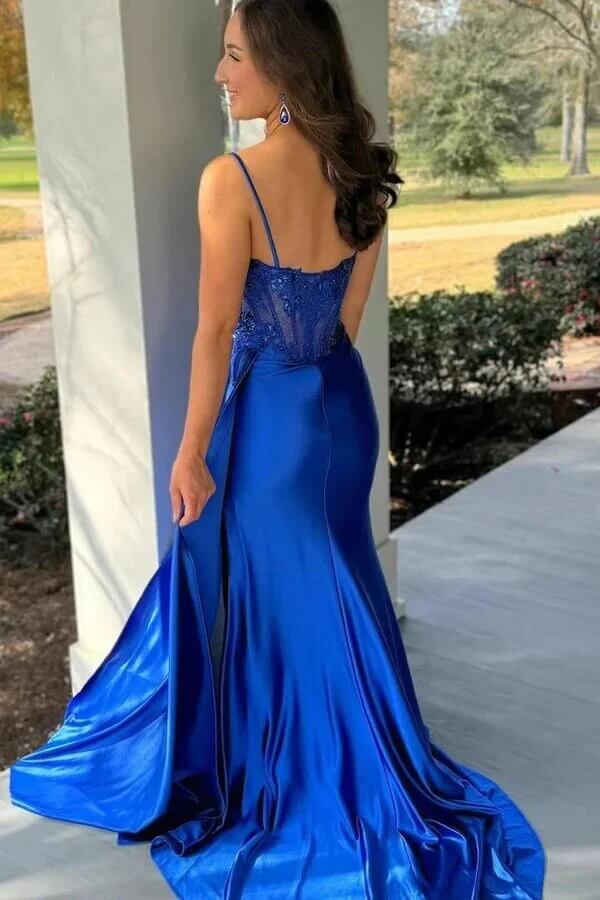 Royal Blue Satin Sheath Sweetheart Prom Dresses With Lace Appliques, SLP086 image 2