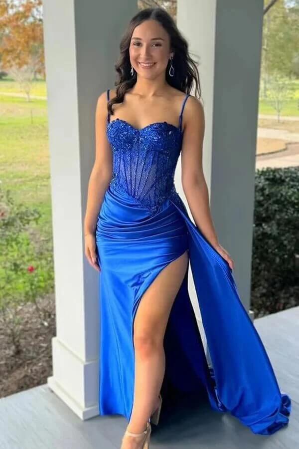 Royal Blue Satin Sheath Sweetheart Prom Dresses With Lace Appliques, SLP086 image 1