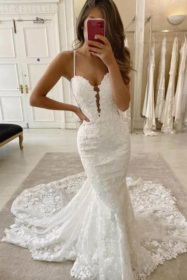 Mermaid Spaghetti Straps Deep V Neck Wedding Dress With Chapel Train, SW383 | wedding dresses mermaid | bridal gowns | lace wedding dresses | cheap wedding dresses | ivory wedding dresses | wedding ideas | Simidress.com