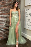 Sage Green Tulle A-line Strapless Floral Lace Long Prom Dresses With Slit, SLP012
