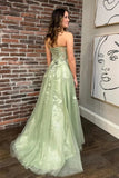 Sage Green Tulle A-line Strapless Floral Lace Long Prom Dresses With Slit, SLP012 | cheap prom dress | tulle prom dress | prom dress for girls | simidress.com