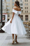 Satin A-line Off-the-Shoulder Tea-length Vintage Wedding Dresses, SW641 image 2