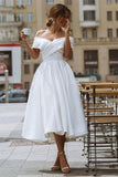 Satin A-line Off-the-Shoulder Tea-length Vintage Wedding Dresses, SW641