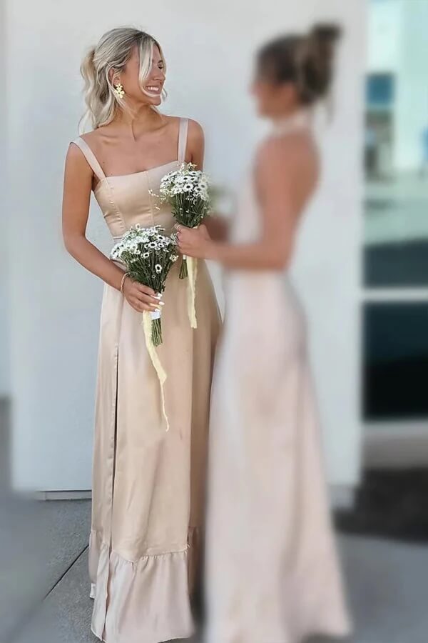 Satin A Line Lace Up Back Straps Long Bridesmaid Dresses With Slit, BD147 | budget bridesmaid dress | bridal party dress | junior bridesmaid dress | simdress.com