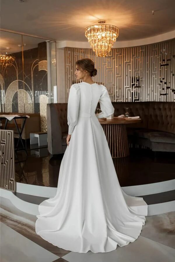 Satin A Line Long Sleeve Modest Wedding Dresses With Train, Bridal Gown, SW735 | cheap wedding dress | wedding dress near me | satin wedding dress | simidress.com