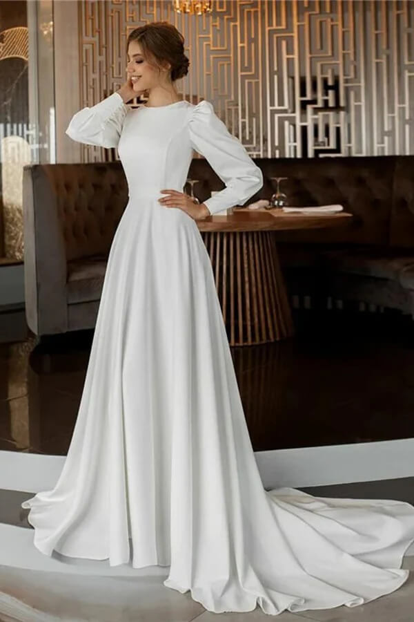 Satin A Line Long Sleeve Modest Wedding Dresses With Train, Bridal Gown, SW735 | long sleeve wedding dress | vintage wedding dress | simple wedding dress | simidress.com