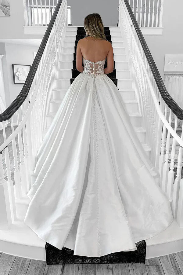 Satin A Line Sweetheart Vintage Wedding Dresses With Lace Appliques, SW713 | beach wedding dress | strapless wedding dress | wedding dress stores | simidress.com