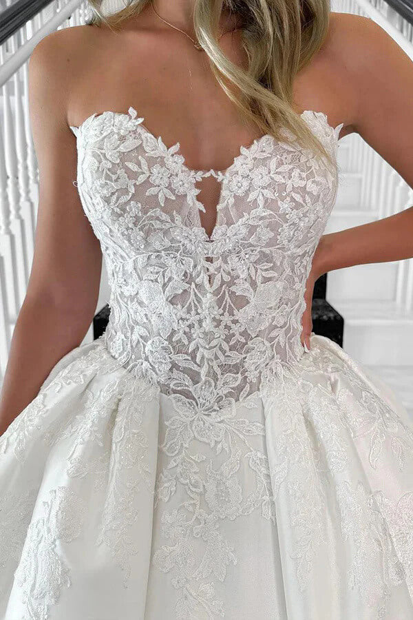 Satin A Line Sweetheart Vintage Wedding Dresses With Lace Appliques, SW713