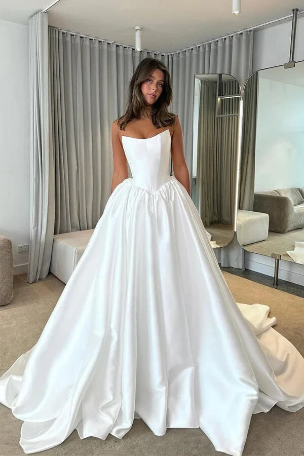 Satin Ball Gown Strapless Princess Wedding Dresses With Court Train, SW727 | simple wedding dress | cheap wedding dress | wedding dress stores | simidress.com