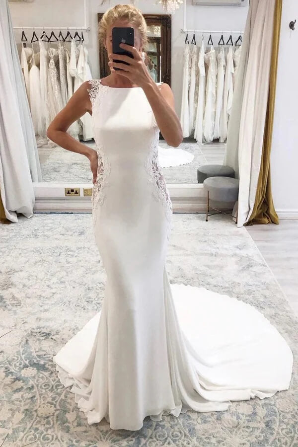 Satin Mermaid Lace Appliques Boho Wedding Dresses With Court Train, SW716 | simple wedding dress | cheap wedding dress | bohemian wedding dress | simidress.com