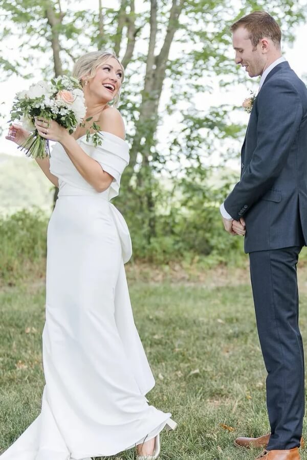 Satin Mermaid Off-the-Shoulder Forest Wedding Dresses With Bowknot, SW718 image 1