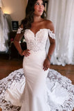 Satin Mermaid Off-the-Shoulder Lace Appliques Court Train Wedding Dresses, SW749 | vintage wedding dress | bridal gown | sexy wedding dress | simidress.com