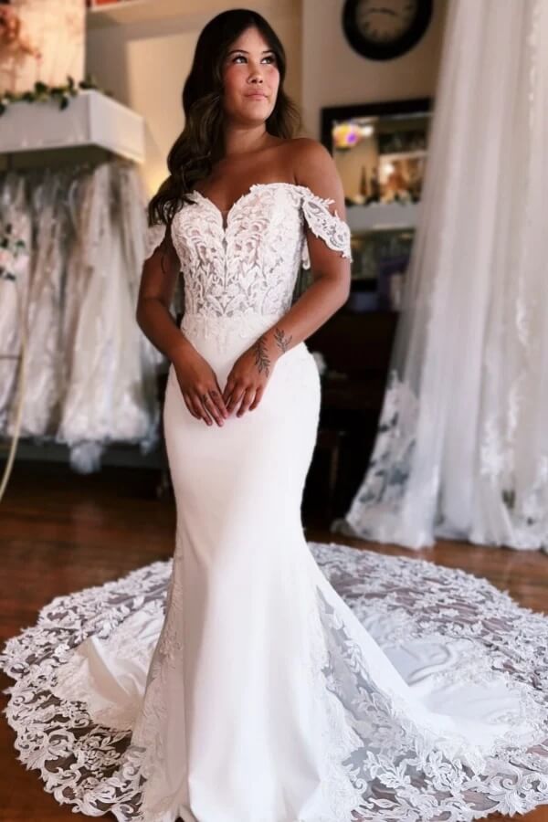 Satin Mermaid Off-the-Shoulder Lace Appliques Court Train Wedding Dresses, SW749 | cheap lace wedding dress | bohemian wedding dress | wedding dress shops | simidress.com