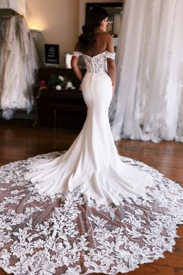 Satin Mermaid Off-the-Shoulder Lace Appliques Court Train Wedding Dresses, SW749 | lace wedding gown | custom made wedding dress | wedding dresses near me | simidress.com