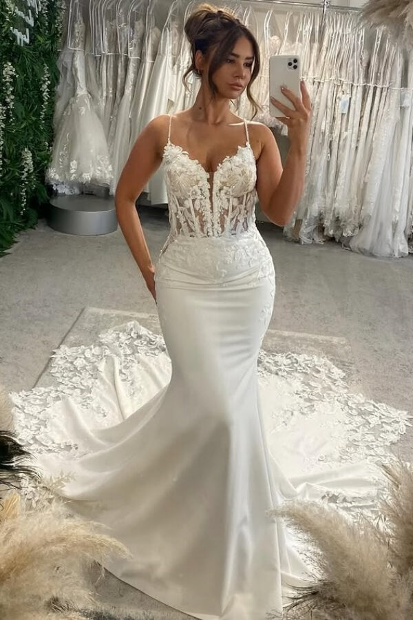 Satin Mermaid Spaghetti Straps See-through Bodice Lace Wedding Dresses, SW740 image 1